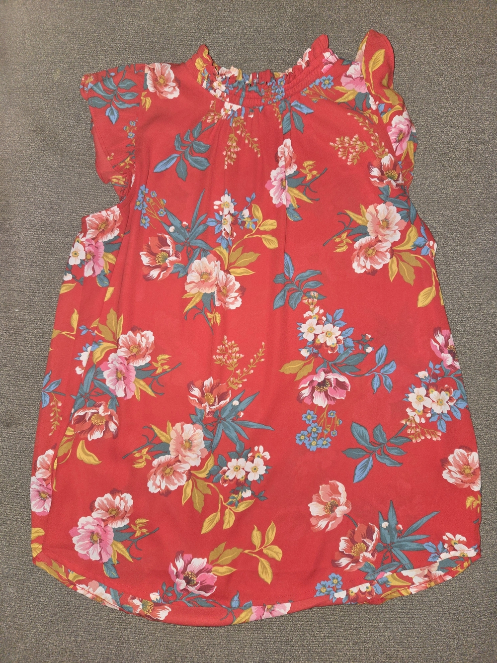 LOFT Red Floral Ruffled Neck Sleeveless Top